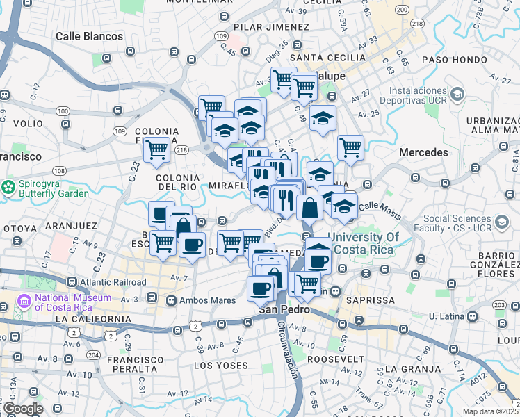map of restaurants, bars, coffee shops, grocery stores, and more near Calle Negritos in San José
