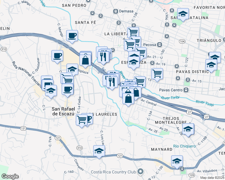 map of restaurants, bars, coffee shops, grocery stores, and more near in San Rafael de Escazú