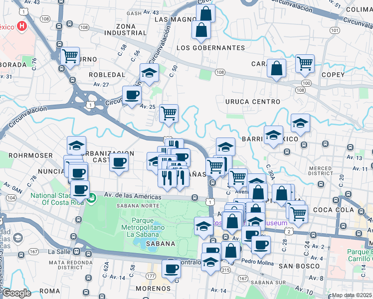 map of restaurants, bars, coffee shops, grocery stores, and more near in San José