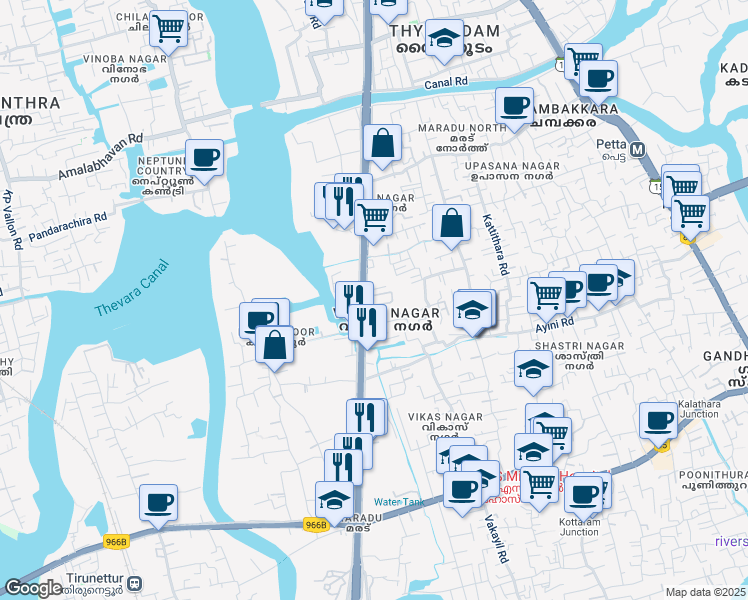 map of restaurants, bars, coffee shops, grocery stores, and more near Old NH 47 in Kochi