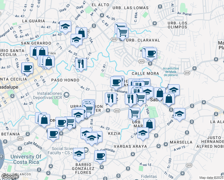 map of restaurants, bars, coffee shops, grocery stores, and more near Calle Damiana in Sabanilla