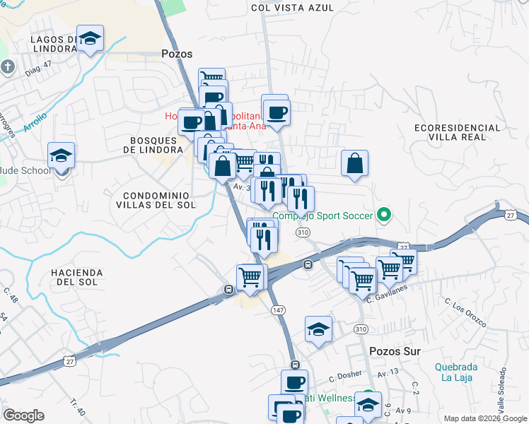 map of restaurants, bars, coffee shops, grocery stores, and more near Calle Lindora in Pozos