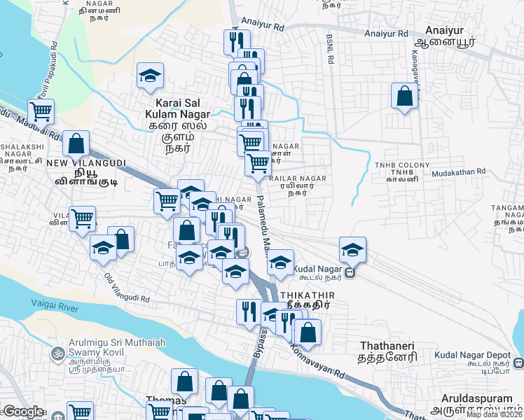 map of restaurants, bars, coffee shops, grocery stores, and more near Koodal Nagar Bridge in Madurai