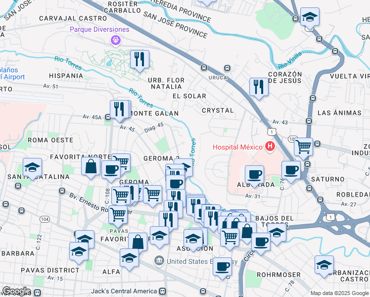 map of restaurants, bars, coffee shops, grocery stores, and more near in San José