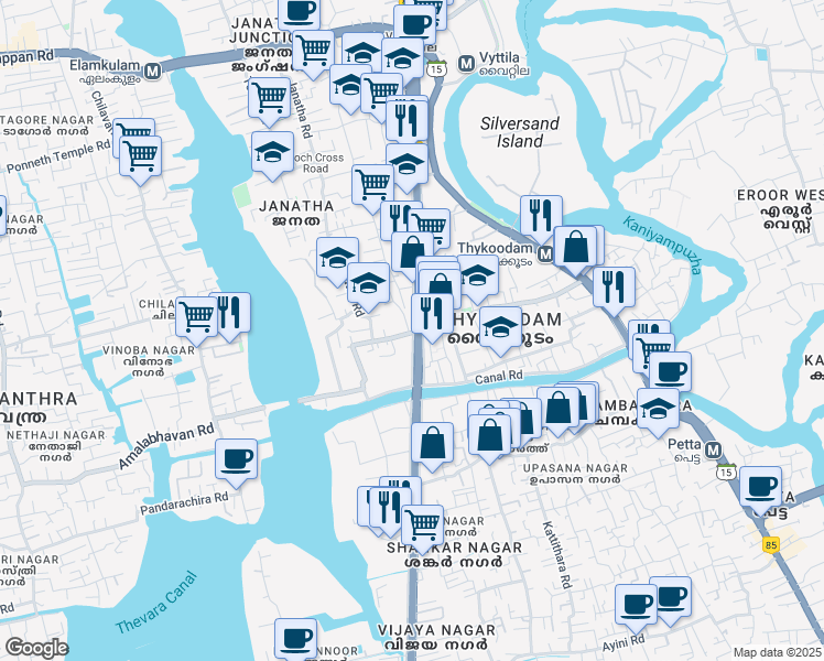 map of restaurants, bars, coffee shops, grocery stores, and more near Old NH 47 in Kochi