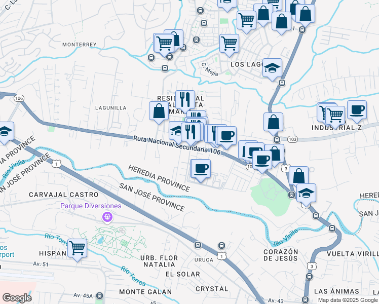 map of restaurants, bars, coffee shops, grocery stores, and more near 106 in Heredia