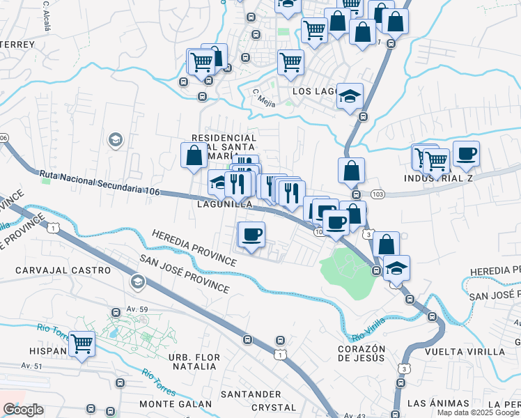 map of restaurants, bars, coffee shops, grocery stores, and more near in Heredia