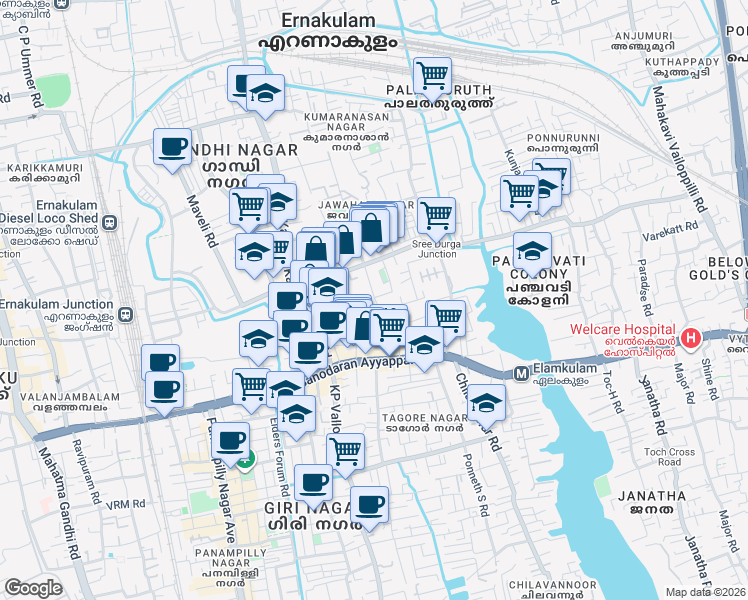 map of restaurants, bars, coffee shops, grocery stores, and more near 166 Jawahar Nagar Avenue in Kochi