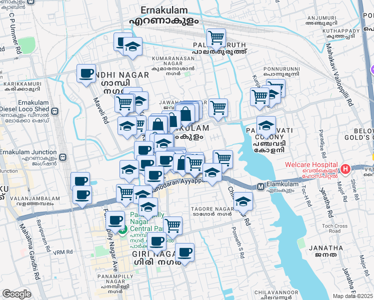 map of restaurants, bars, coffee shops, grocery stores, and more near 166 Jawahar Nagar Avenue in Kochi