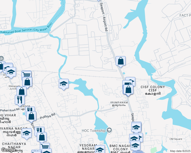 map of restaurants, bars, coffee shops, grocery stores, and more near Seaport Airport Road in Ernakulam