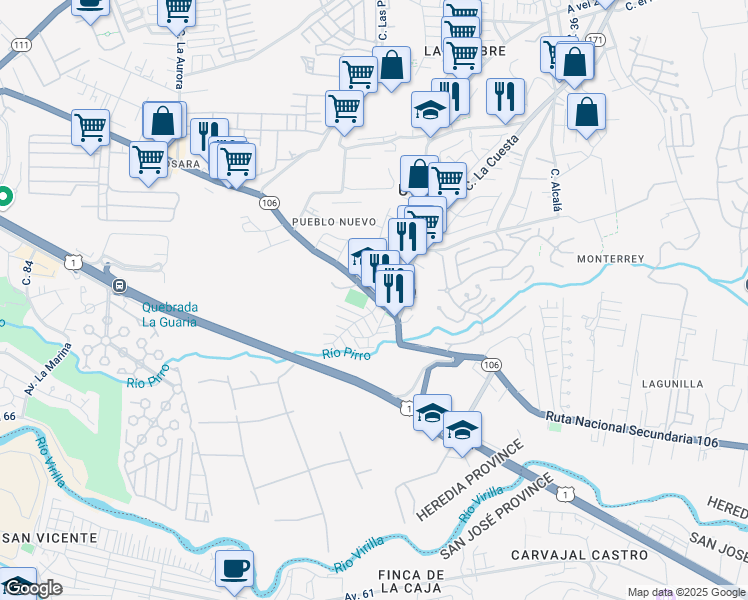 map of restaurants, bars, coffee shops, grocery stores, and more near 106 in Heredia