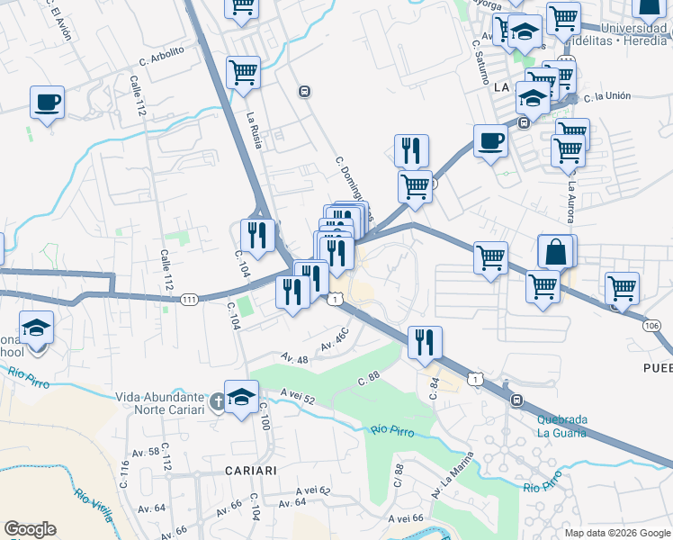 map of restaurants, bars, coffee shops, grocery stores, and more near Carretera Interamericana in Heredia