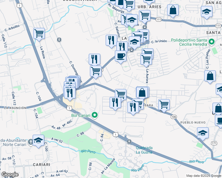 map of restaurants, bars, coffee shops, grocery stores, and more near 106 in Heredia