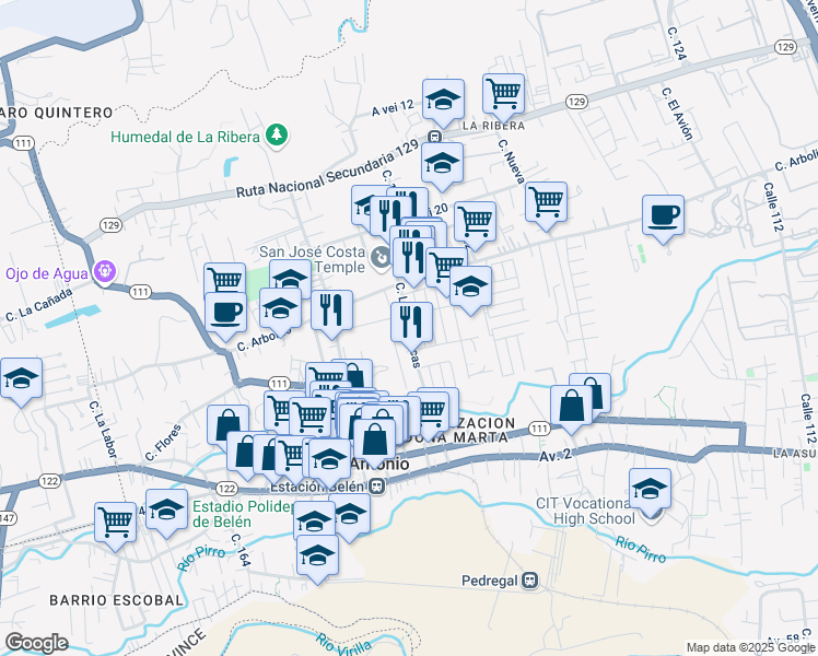 map of restaurants, bars, coffee shops, grocery stores, and more near Calle Las Américas in Belén