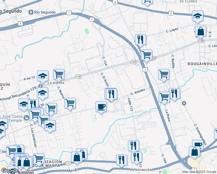 map of restaurants, bars, coffee shops, grocery stores, and more near Calle El Avión in Belén