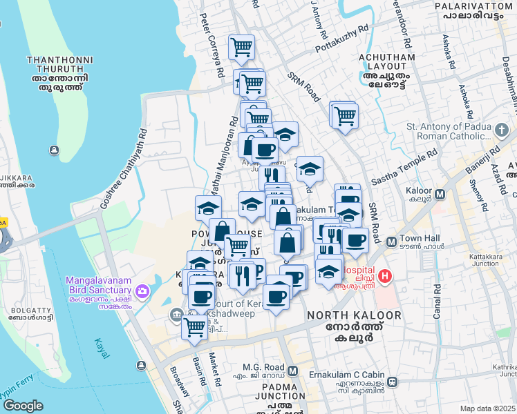 map of restaurants, bars, coffee shops, grocery stores, and more near O K Madhavi Amma Rd in Ernakulam