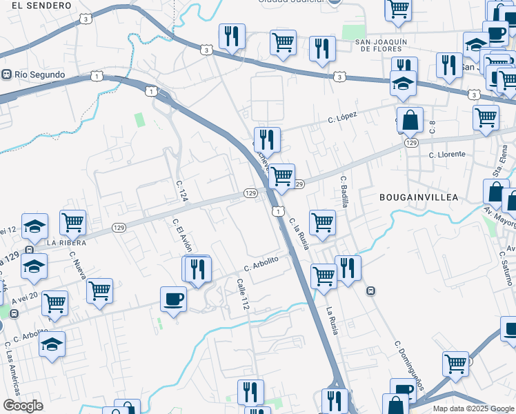 map of restaurants, bars, coffee shops, grocery stores, and more near 129 in Belén