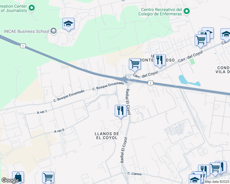 map of restaurants, bars, coffee shops, grocery stores, and more near Zona Franca Coyol in Alajuela