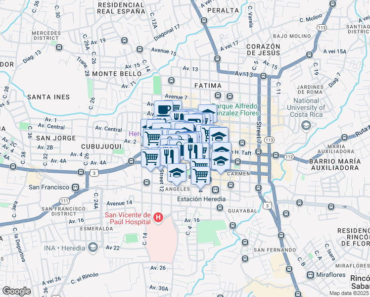 map of restaurants, bars, coffee shops, grocery stores, and more near in Heredia