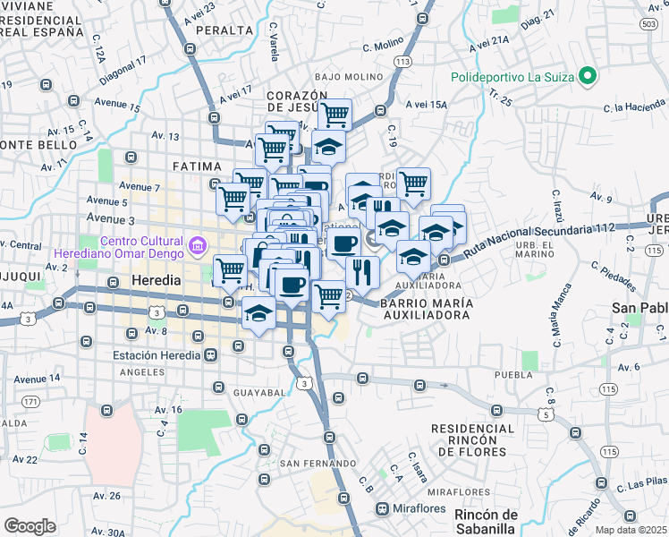 map of restaurants, bars, coffee shops, grocery stores, and more near 86 Avenida 1 in Heredia